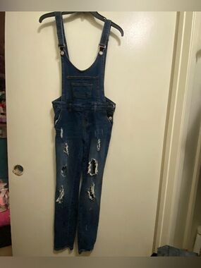 I&M Jeans Womens Dark Blue Wash Denim Overalls Pants S Small 29”  Distressed